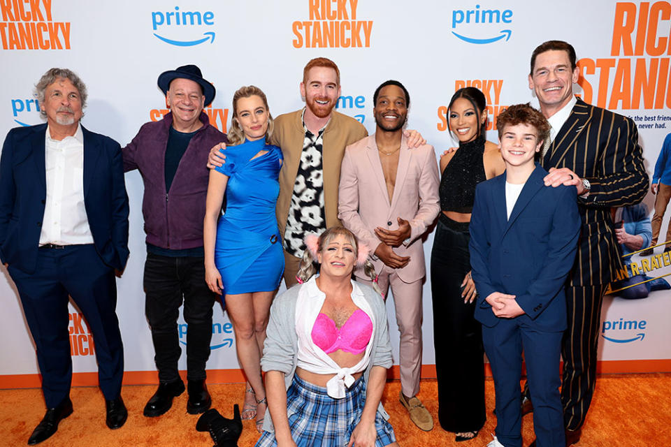 L-R) Peter Farrelly, Jeff Ross, Anja Savcic, Andrew Santino, Jermaine Fowler, Lex Scott Davis and John Cena attend the "Ricky Stanicky" New York Premiere at Regal E-Walk on March 05, 2024 in New York City.