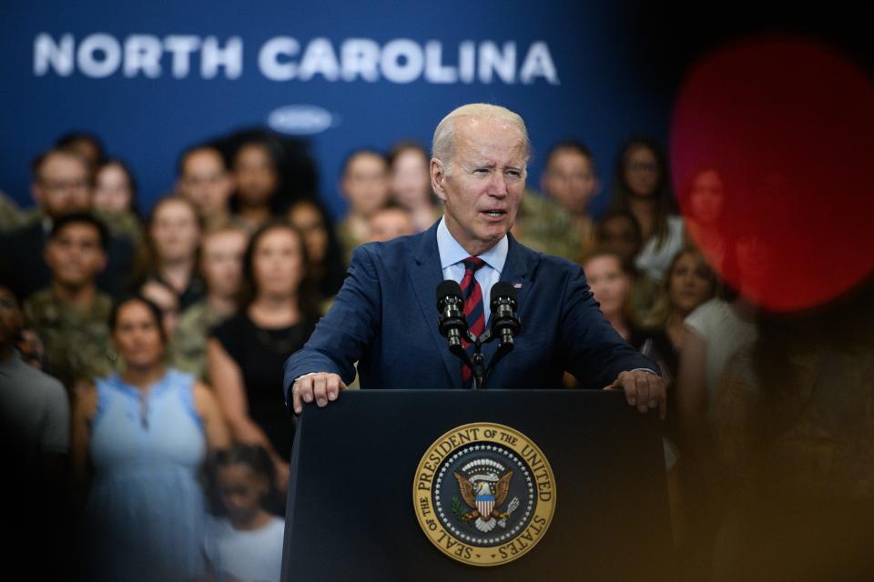 President Joe Biden speaks at Fort Liberty on Friday, June 9, 2023. President Joe Biden signed an executive order to support military-connected families during his visit.