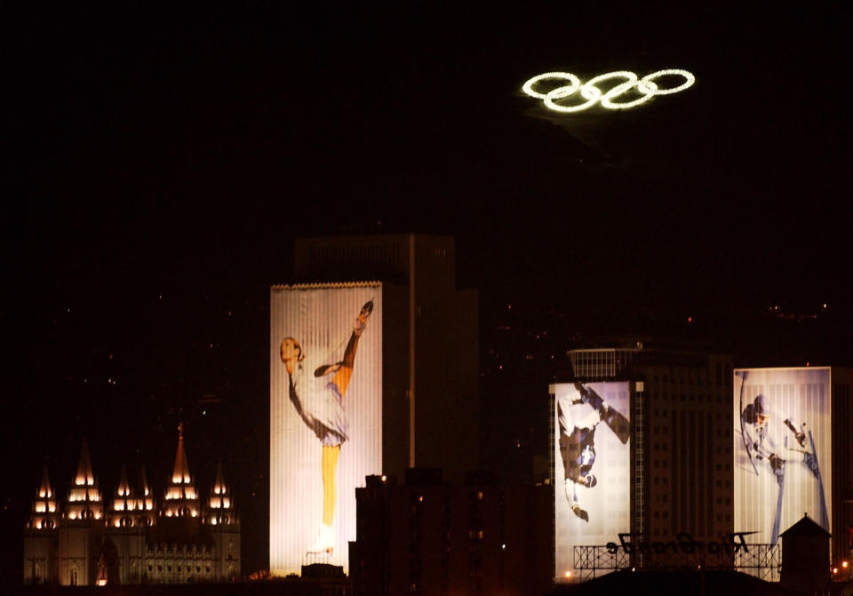 Olympic rings and downtown Salt Lake City 