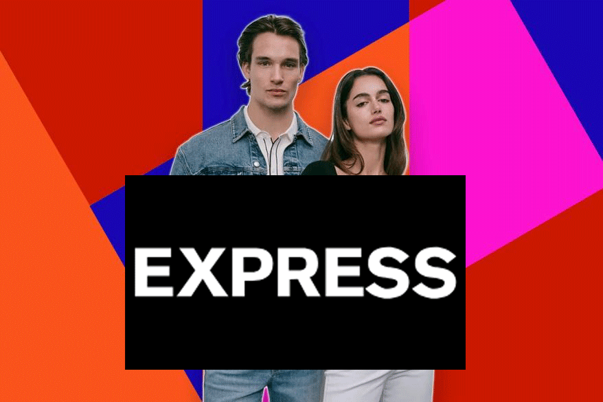 A man and woman standing behind the words EXPRESS with an X marked over it.