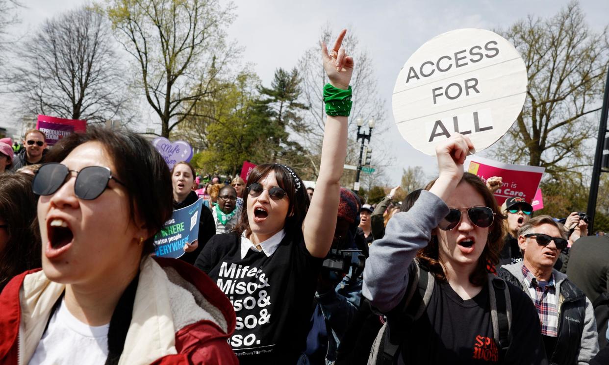 <span>Pro-choice activists outside the supreme court on Tuesday.</span><span>Photograph: Anna Moneymaker/Getty Images</span>