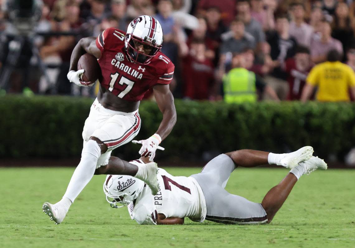 South Carolina wide receiver Xavier Legette (17) dodges the tackle of Mississippi State safety Shawn Preston Jr. (7) during the second half of the Gamecocks’ game at Williams-Brice Stadium in Columbia on Saturday, September 23, 2023.