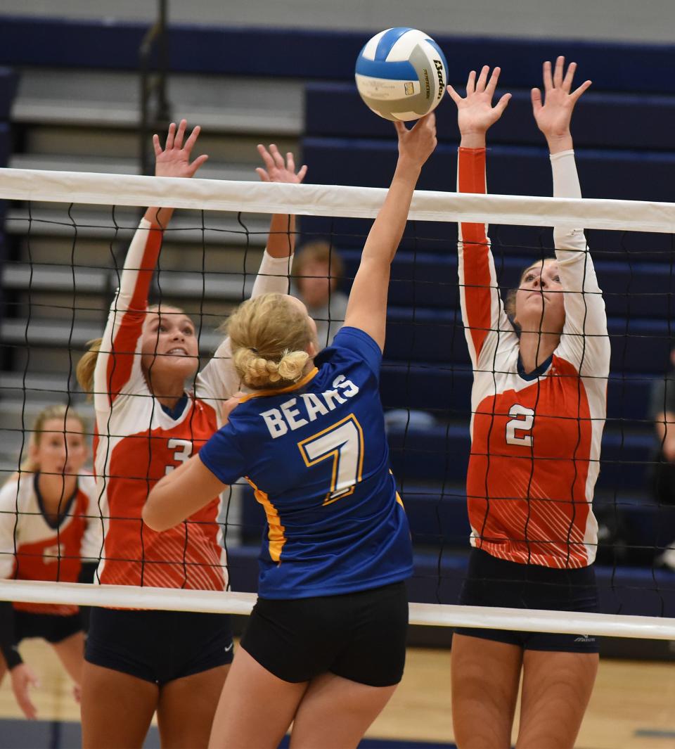 Kyra Nighswander and Haven Crots of Britton Deerfield to up to block Gracie Jones of Jefferson as Whiteford hosted their first volleyball tournament Wednesday, August 16, 2023 in their new facility. 