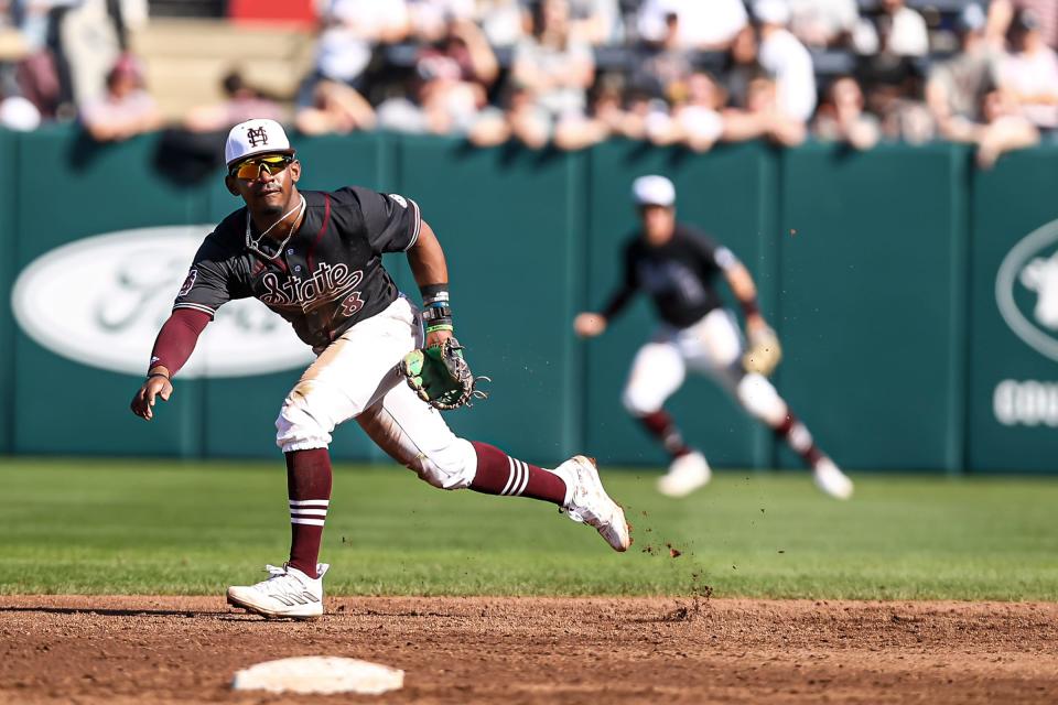 Mississippi State baseball infielder Amani Larry looks to make a play in a matchup against VMI on Feb. 19, 2023.