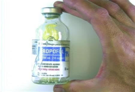 A bottle of propofol found at Michael Jackson's home is shown in this frame grab from prosecution evidence video during Dr. Conrad Murray's trial in the death of pop star Michael Jackson in Los Angeles September 29, 2011. REUTERS/CNN/Pool