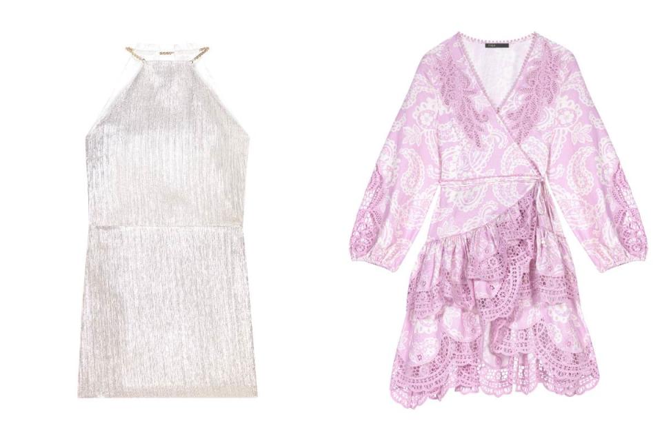 銀色洋裝，NT$12,590；粉紫色腰果花蕾絲長袖洋裝，NT$15,190圖片來源：Maje