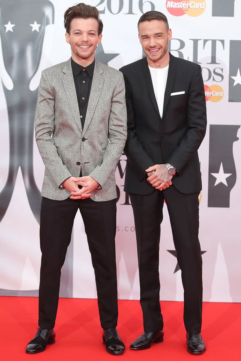 Louis Tomlinson and Liam Payne attend the BRIT Awards 2016 at The O2 Arena on February 24, 2016 in London, England.