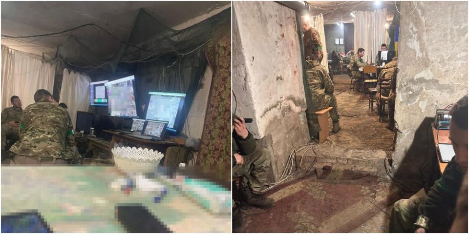 A composite image give two views of Yuriy Stetskiv's basement Bakhmut command post, with rough concrete walls, maps, screens, in a makeshift setup.