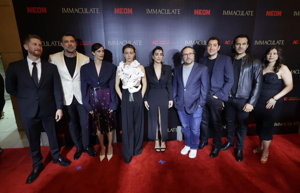 Andrew Lobel, Michael Mohan, Benedetta Porcaroli, Sydney Sweeney, Simona Tabasco, Teddy Schwarzman, Michael Heimler, Jonathan Davino and Gaby Leibowitz are seen at the Beyond Fest Premiere of Neon’s IMMACULATE at The Egyptian Theatre Hollywood on March 15, 2024 in Los Angeles, California.  (Eric Charbonneau / Getty Images for Neon)