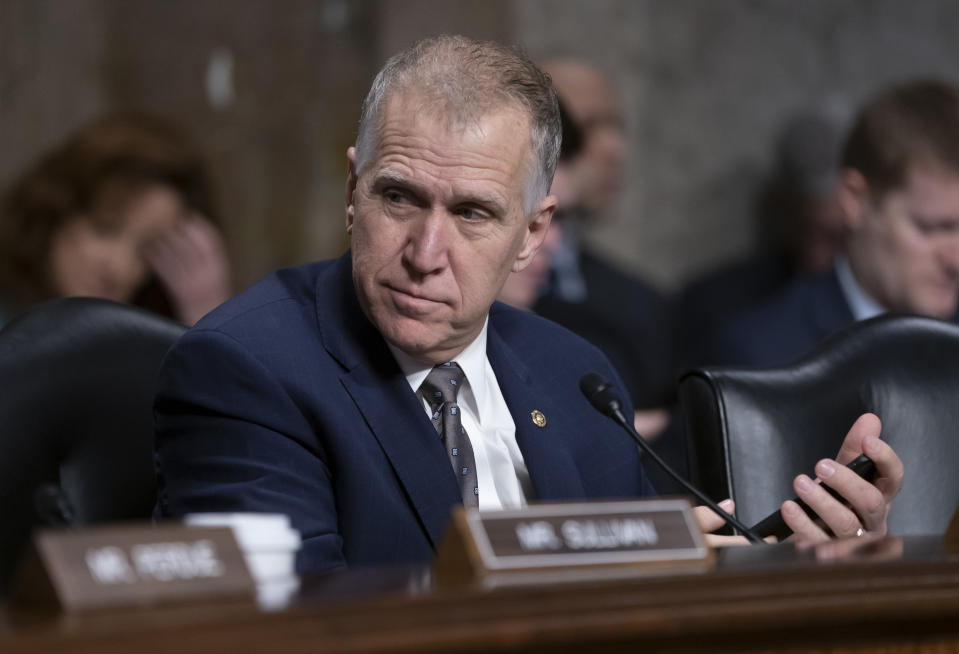 Sen.Thom Tillis, R-N.C., attends a Senate Armed Services hearing on Capitol Hill in Washington, Thursday, March 14, 2019. Tillis has said he will vote to block President Donald Trump's border emergency as some GOP senators plan to join Democrats in a rebuke of Trump's declaration of a national emergency at the Mexican border. (AP Photo/J. Scott Applewhite)