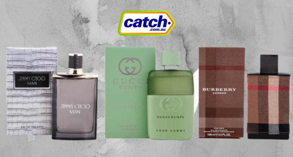 A selection of design fragrances and the catch.com.au logo on stone background