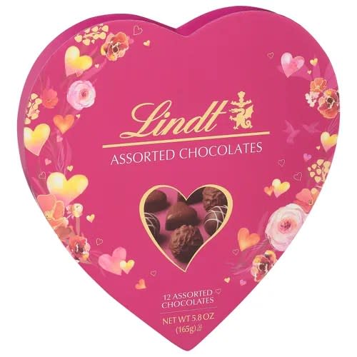 pink heart-shaped box of lindt chocolates