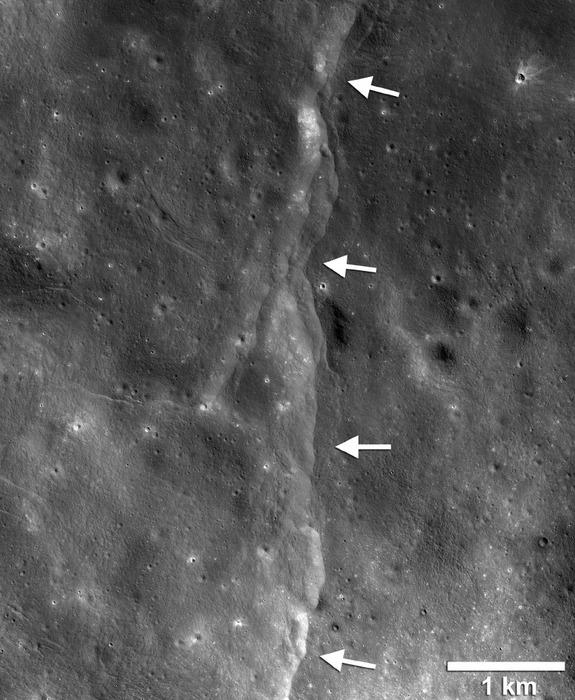 Lunar Reconnaissance Orbiter Camera images have revealed thousands of young, lobate thrust fault scarps on the moon. Image released Sept. 15, 2015.