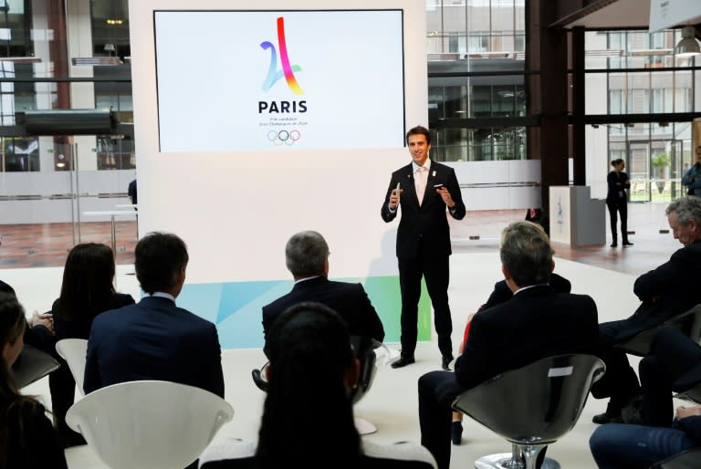 Co-president of the French National Olympic and Sports Committee Tony Estanguet delivers a speech during a visit of IOC president Thomas Bach to the 2024 Olympic games organising committee, in Saint-Denis, near Paris, in October 2016