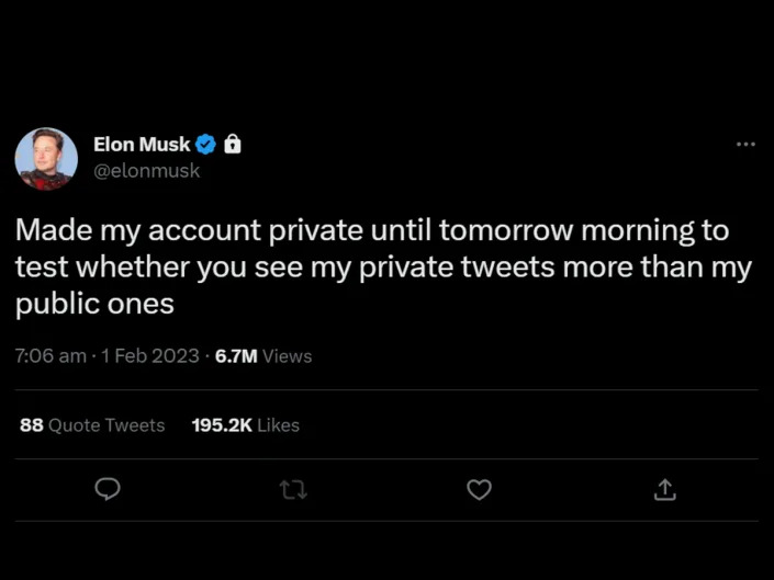 Elon Musk made his Twitter account private so that only his 127.7 million followers could view his tweets (Twitter/ screengrab)