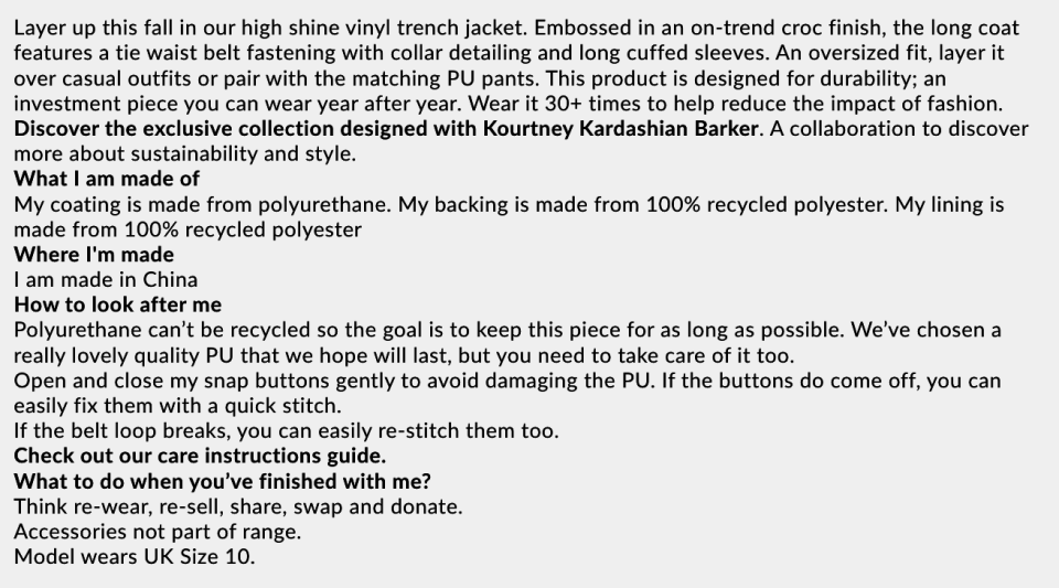 Product info for vinyl trench jacket saying that coating is polyurethane and it's made in China