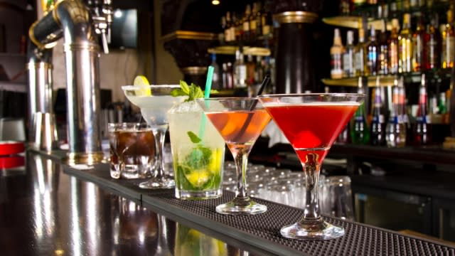 Cocktails on a bar counter.