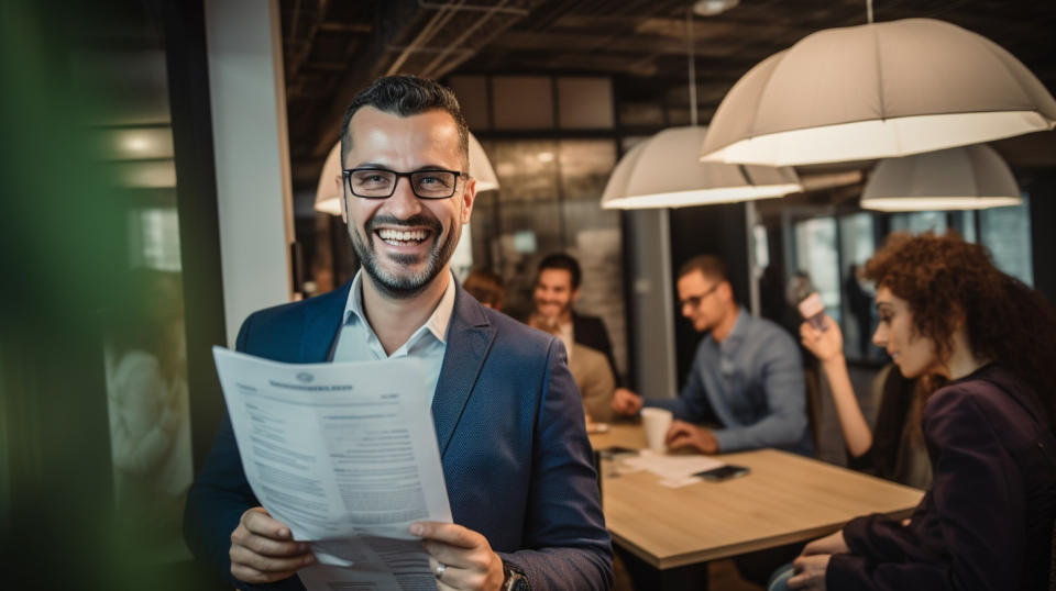 A smiling customer with a health insurance plan, a customer that was successfully acquired thanks to the company's efforts.