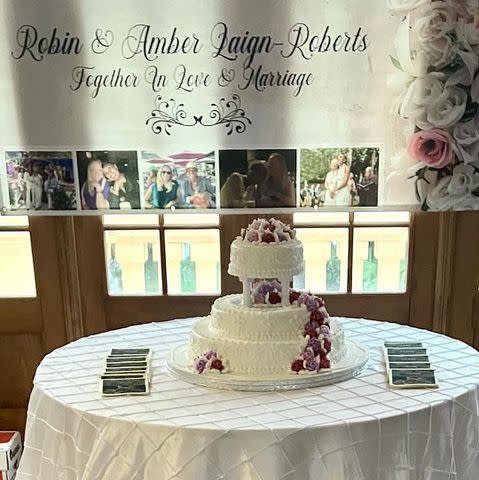 <p>Robin Roberts/Instagram</p> Robin Roberts and Amber Laign's NOLA wedding cake