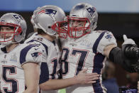 <p>New England Patriots quarterback Tom Brady (12) and tight end Rob Gronkowski (87) celebrate a touchdown, during the second half of the NFL Super Bowl 52 football game against the Philadelphia Eagles, Sunday, Feb. 4, 2018, in Minneapolis. (AP Photo/Tony Gutierrez) </p>