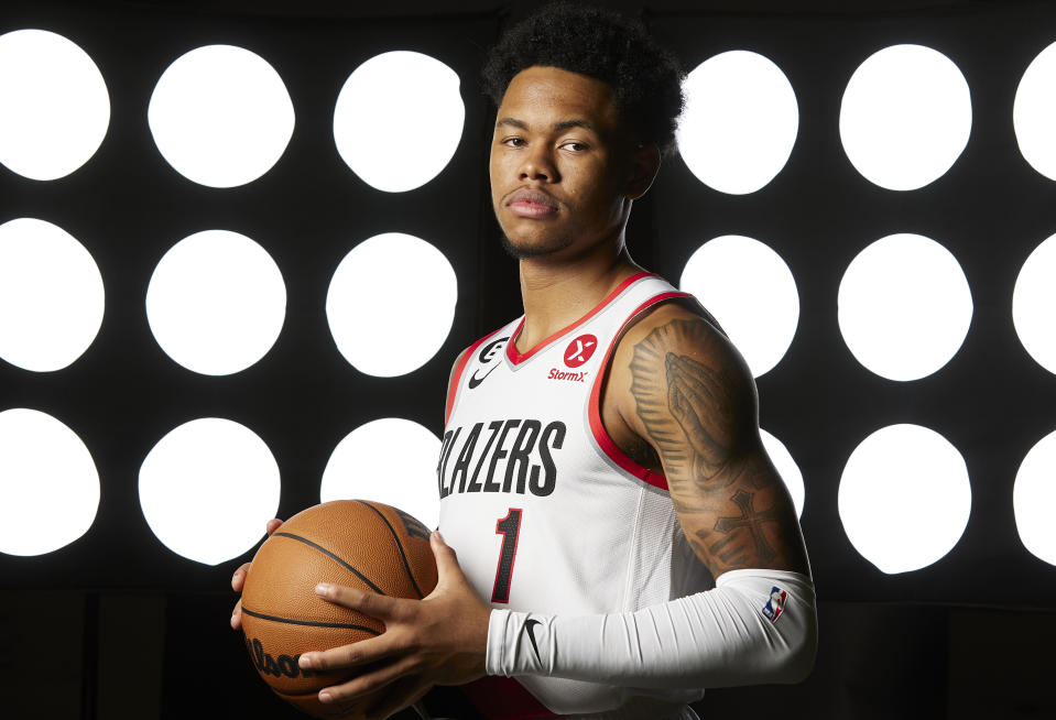 Portland Trail Blazers guard Anfernee Simons poses for a portrait during the NBA basketball team's media day in Portland, Ore., Monday, Sept. 26, 2022. (AP Photo/Craig Mitchelldyer)