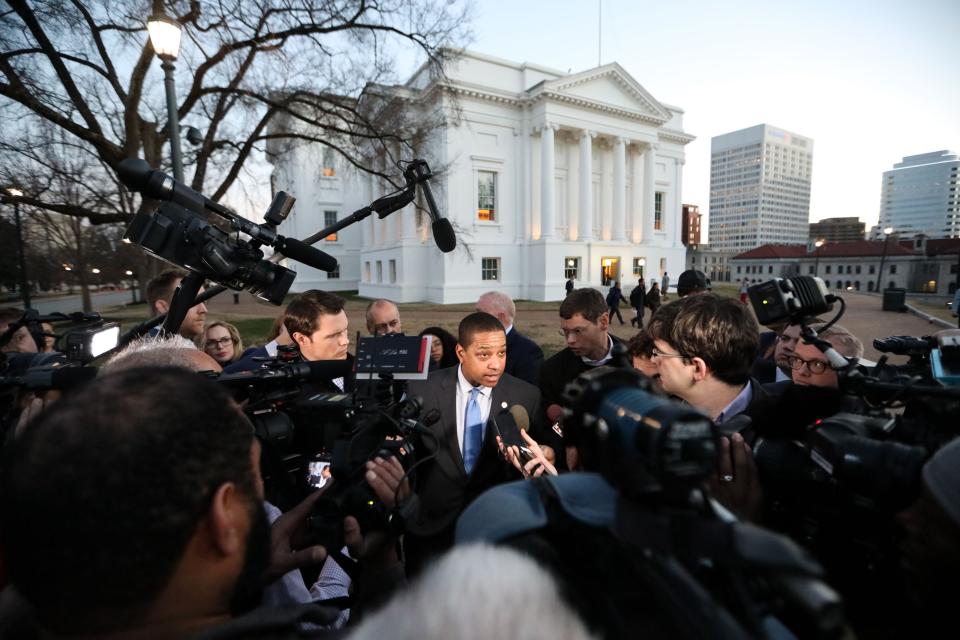 Virginia Lieutenant Governor Justin Fairfax addresses the media about a sexual assualt allegation from 2004 outside of the capital building in dowtown Richmond, February 4, 2019. -