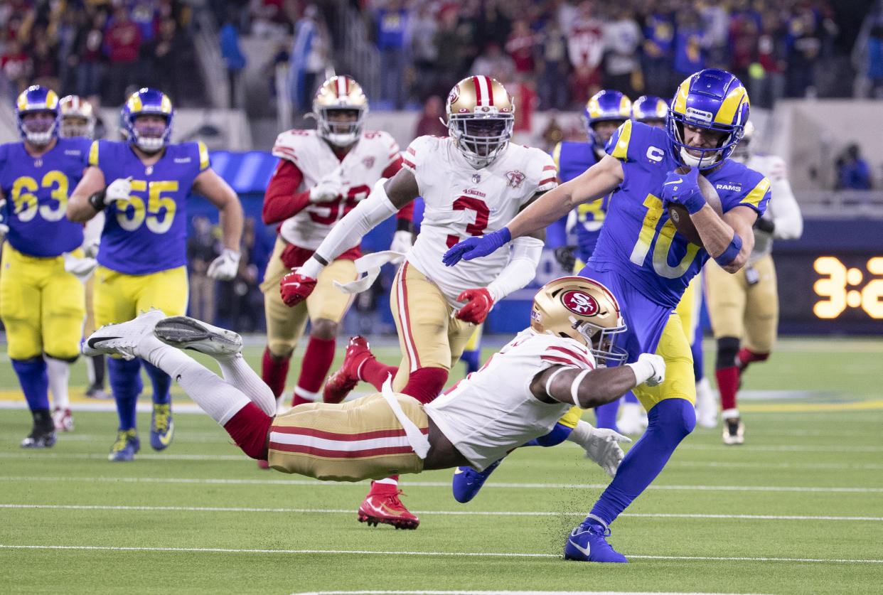 El encuentro de la NFL por el campeonato de la Conferencia Nacional y el pase al Super Bowl LVI entre los LA Rams y los 49ers de San Francisco. Foto:  Allen J. Schaben / Los Angeles Times via Getty Images