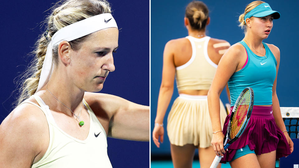 Victoria Azarenka, Marta Kostyuk and Anastasia Potapova, pictured here at the Miami Open. 