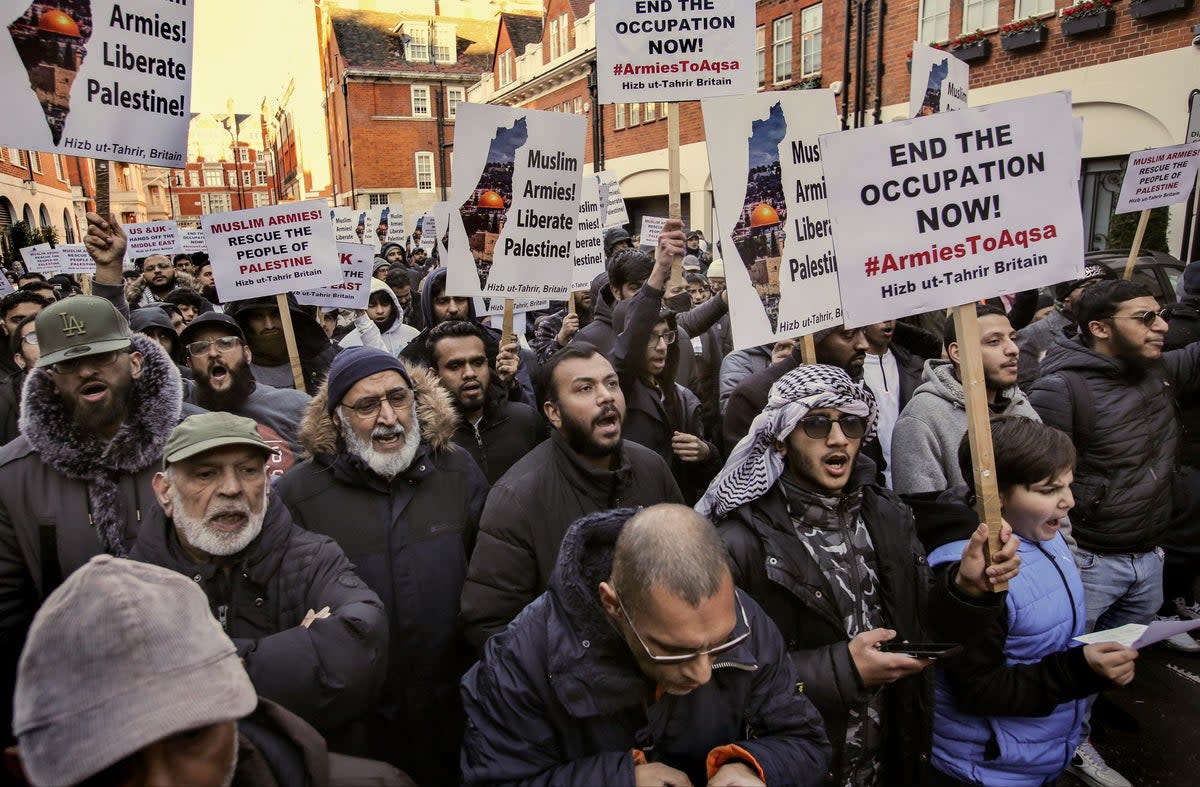 Banners supporting Hizb ut-Tahrir at a protest in London last year (SOPA Images/LightRocket via Gett)