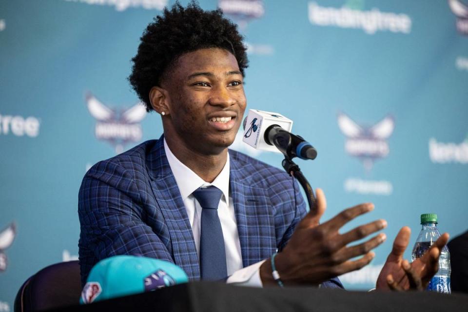 Charlotte Hornets draft pick Kai Jones speaks during a press conference at the Spectrum Center in Charlotte on Friday. The Hornets traded up to select the 6-foot-11 Jones at No. 19 overall.