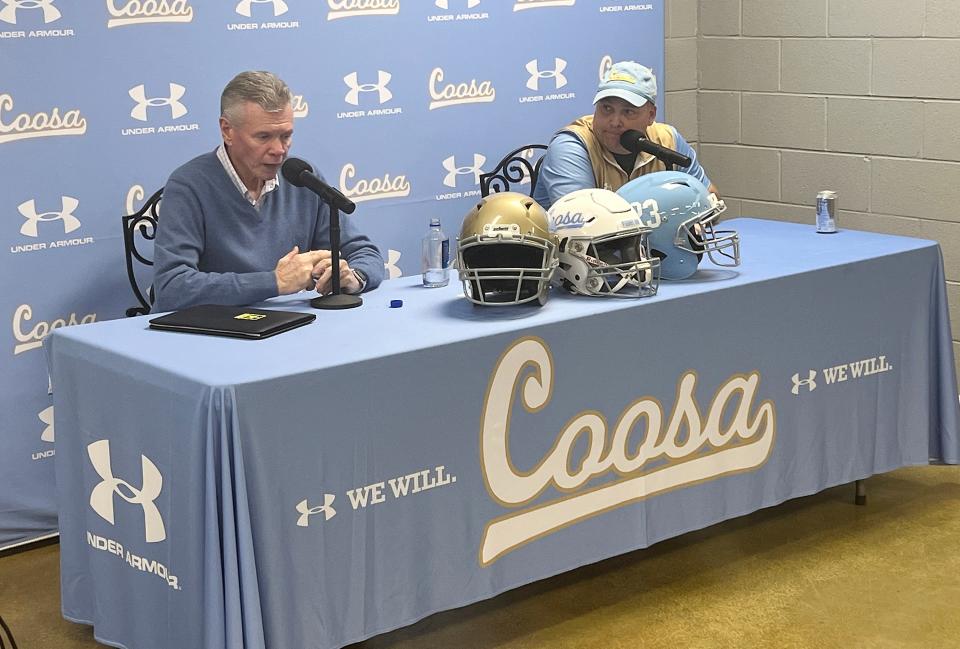 Rush Propst, left, speaks during a news conference in January in which his hiring at Coosa Christian High School was announced. Probst is leaving the school, head football coach Mark O'Bryant confirmed Friday.