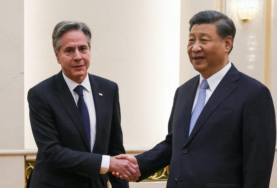 U.S. Secretary of State Antony Blinken meets China’s President Xi Jinping in Beijing on June 19, 2023. <a href="https://www.gettyimages.com/detail/news-photo/secretary-of-state-antony-blinken-shakes-hands-with-chinas-news-photo/1258808175?adppopup=true" rel="nofollow noopener" target="_blank" data-ylk="slk:Leah Millis/Pool/AFP via Getty Images;elm:context_link;itc:0;sec:content-canvas" class="link ">Leah Millis/Pool/AFP via Getty Images</a>