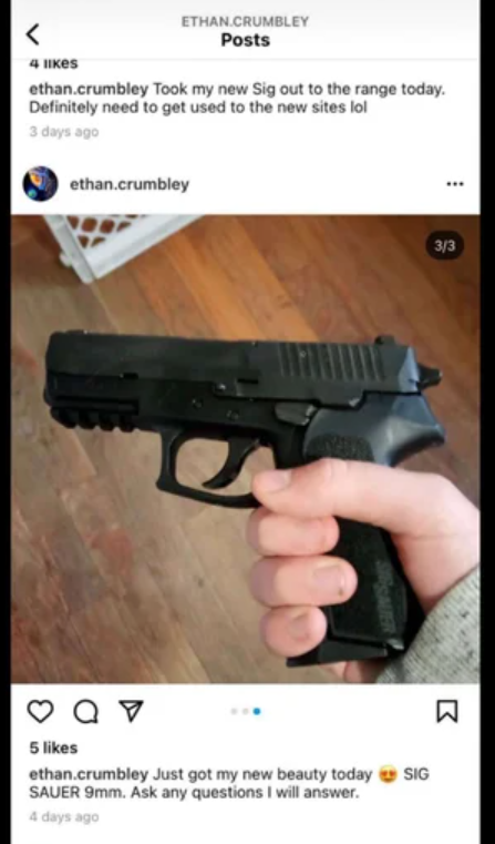 According to the Oakland County prosecutor's office, a social media post from Ethan Crumbley shows heart emojis next to a photo of a gun with the words: "Just got my new beauty today."