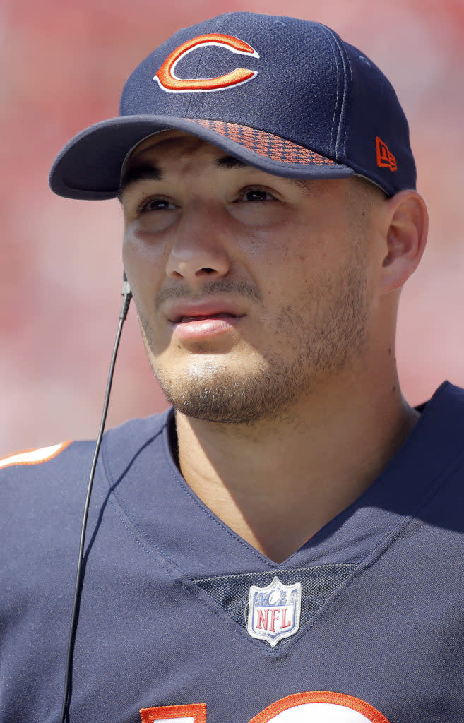 Sep 17, 2017; Tampa, FL, USA; Chicago Bears quarterback Mitchell Trubisky (10) looks on against the Tampa Bay Buccaneers during the second half at Raymond James Stadium. Mandatory Credit: Kim Klement-USA TODAY Sports