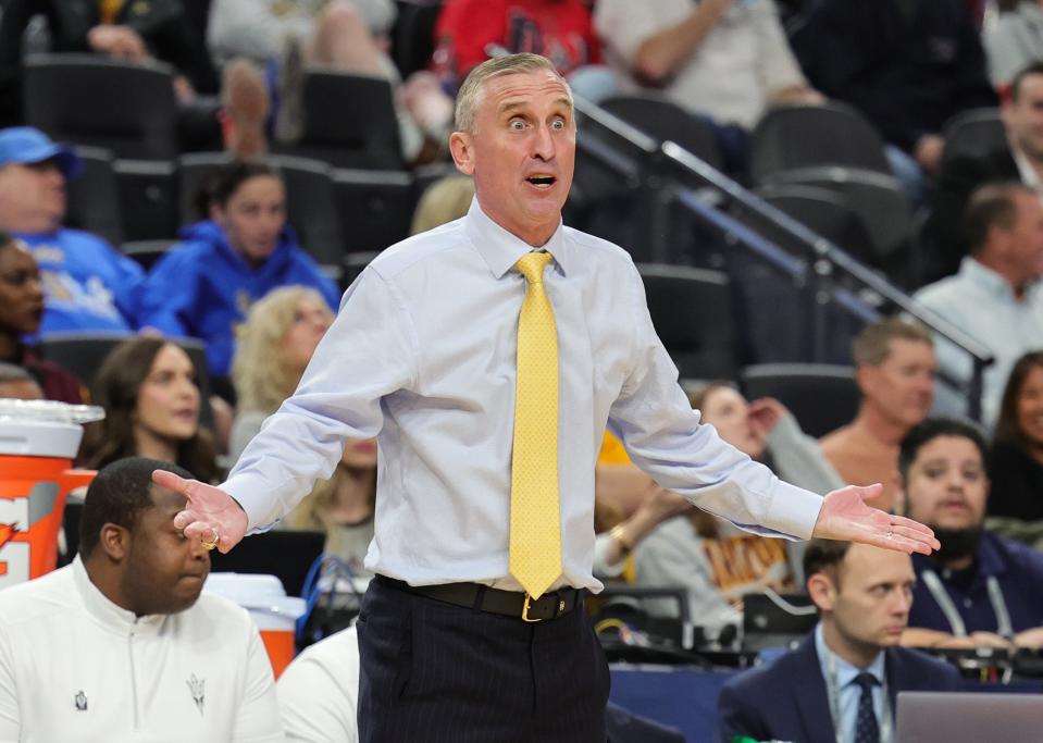 Head coach Bobby Hurley of the Arizona State Sun Devils reacts in the first half of a quarterfinal game of the Pac-12 basketball tournament against the USC Trojans at T-Mobile Arena on March 9, 2023, in Las Vegas, Nevada.