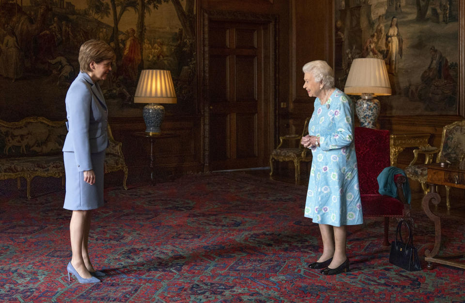 EDINBURGH, SCOTLAND - JUNE 29: Queen Elizabeth II receives First Minister of Scotland Nicola Sturgeon during an audience at the Palace of Holyroodhouse on June 29, 2021 in Edinburgh, Scotland.  The Queen is visiting Scotland for Royal Week between Monday 28th June and Thursday 1st July 2021. (Photo by Jane Barlow - WPA Pool/Getty Images)