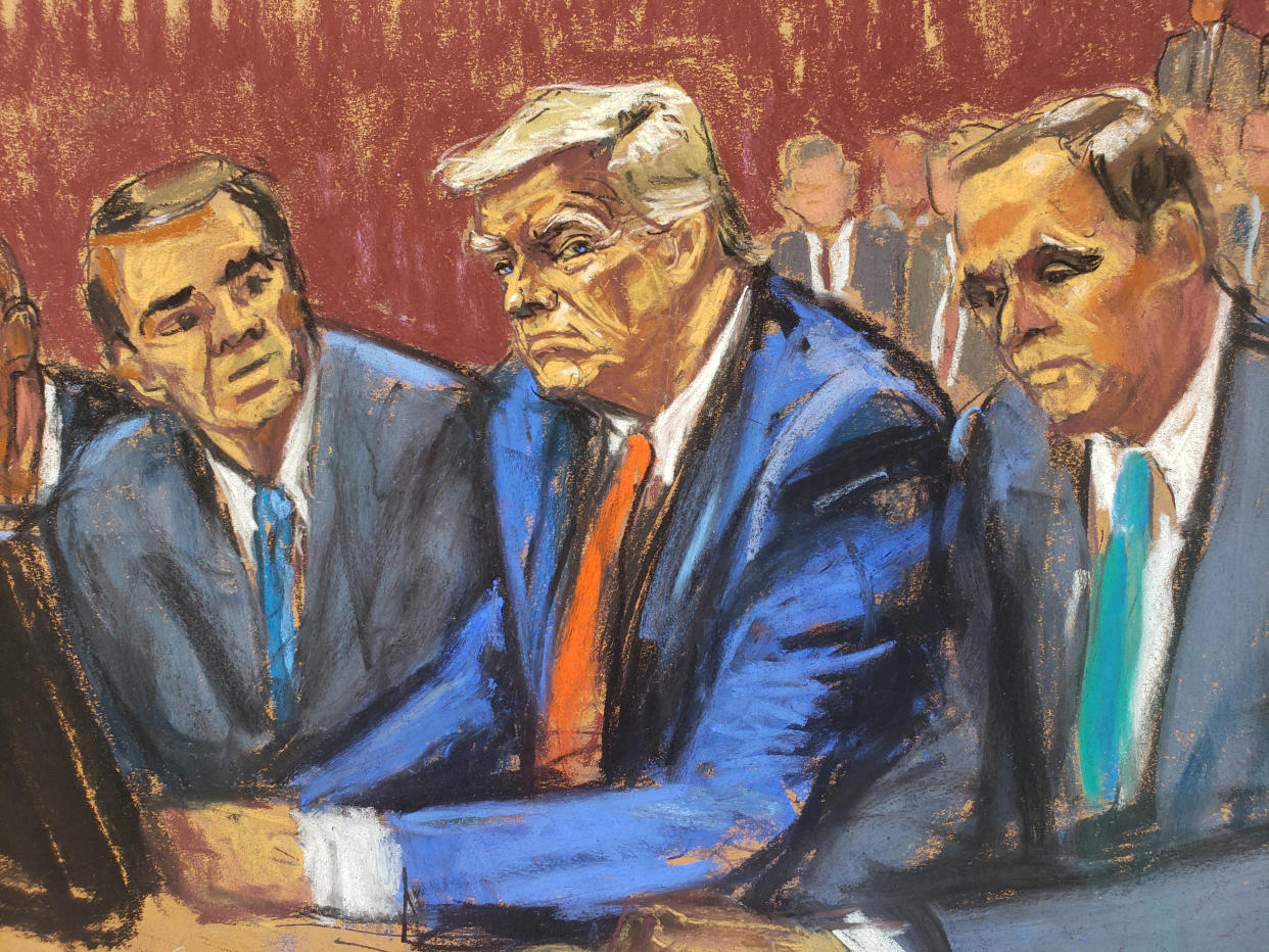 A courtroom sketch shows former President Donald Trump sitting in court, flanked by his attorneys.