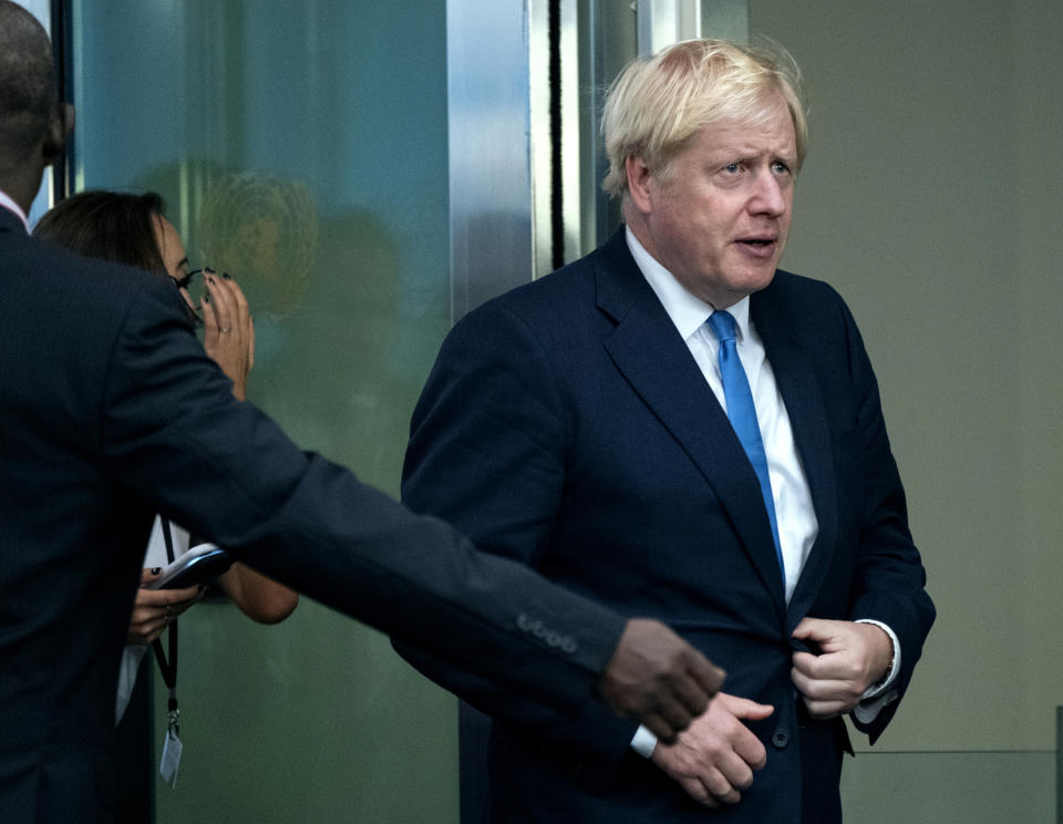 Britain's Prime Minister Boris Johnson arrives for the 74th session of the United Nations General Assembly at U.N. headquarters, Monday, Sept. 23, 2019. (AP Photo/Craig Ruttle)