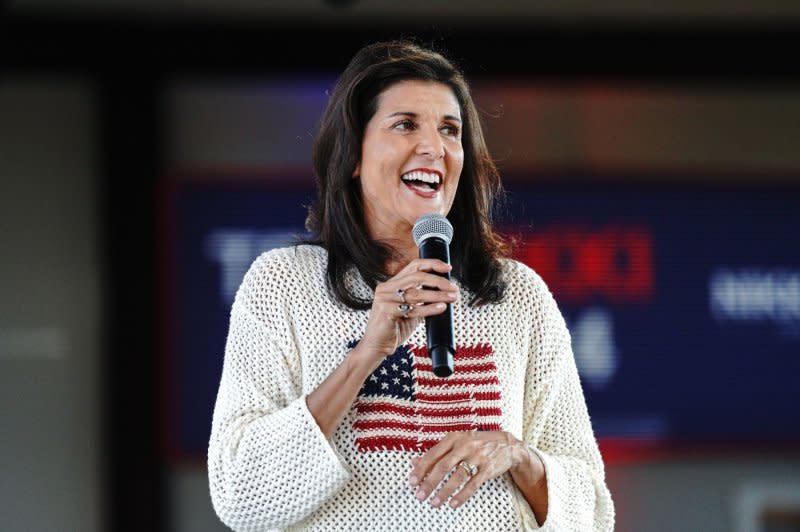 Former U.N. Ambassador and Republican presidential contender Nikki Haley addresses a crowd at Holy City Brewing in North Charleston, S.C., on Sept. 8. The political action committee founded by the influential Koch brothers endorsed her for president on Tuesday. File Photo by Richard Ellis/UPI