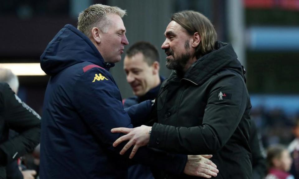 Dean Smith greets Daniel Farke before Norwich’s 1-0 defeat to Aston Villa in December 2019.