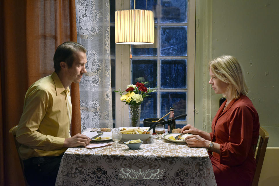 This image released by MUBI shows Alma Pöysti, right, and Jussi Vatanen in a scene from "Fallen Leaves." (MUBI via AP)