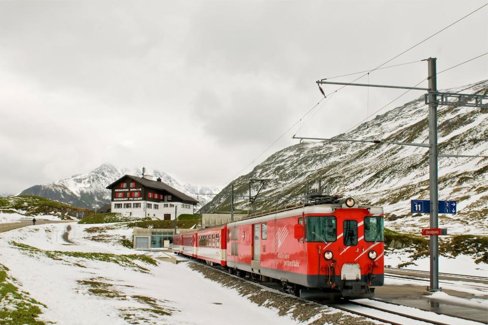The Glacier Express train is photographed in Switzerland.
