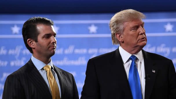 PHOTO: Donald Trump, right, standing with his son Donald Trump Jr. after the first presidential debate at Hofstra University in Hempstead, N.Y., July 10, 2017. (Jewel Samad/AFP/Getty Images)