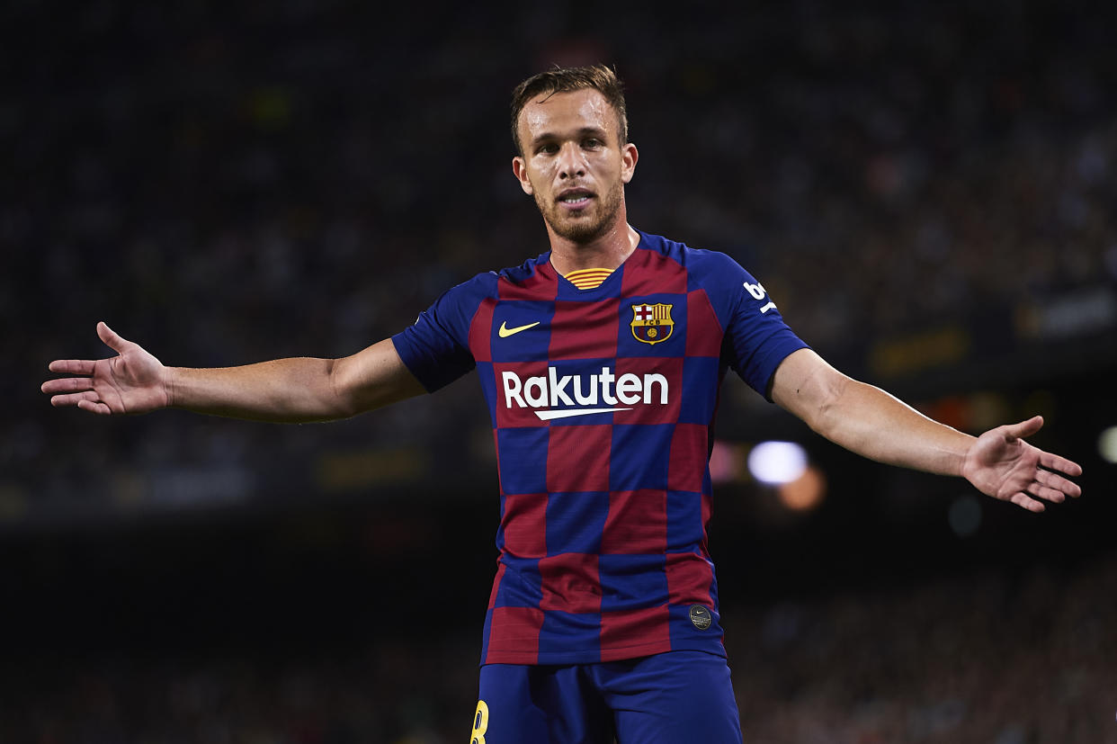 BARCELONA, SPAIN - OCTOBER 06: Arthur Melo of FC Barcelona looks on during the Liga match between FC Barcelona and Sevilla FC at Camp Nou on October 06, 2019 in Barcelona, Spain. (Photo by Aitor Alcalde/Getty Images)