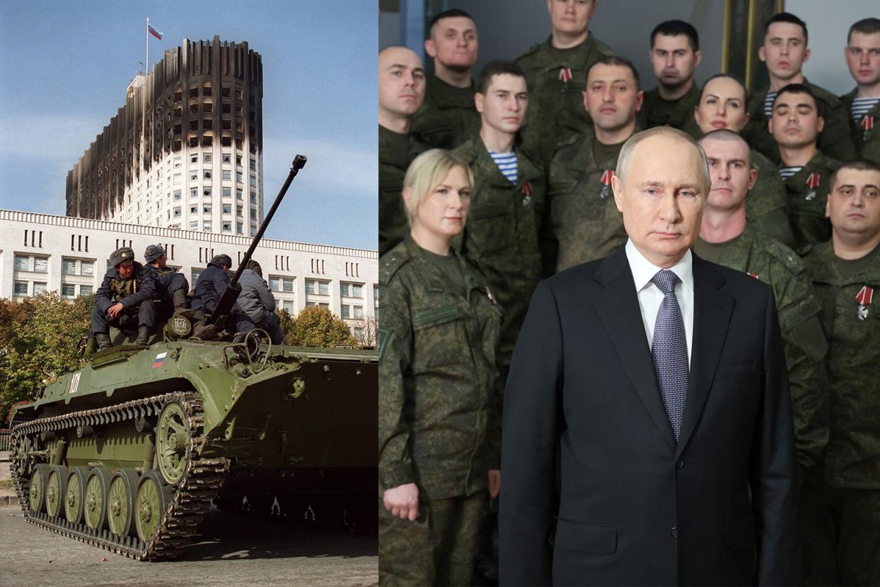 A diptych: On the left, members of the military loyal to Russian President Boris Yeltsin sit on top of a small tank in front of a burnt parliament building. On the right, Russian President Vladimir Putin stands in front of soldiers.