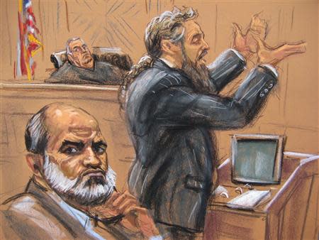 Suleiman Abu Ghaith (L) listens as defense attorney Stanley Cohen (R) makes final arguments during his trial in front of U.S. District Judge Lewis Kaplan in New York in this March 24, 2014 court sketch. REUTERS/Jane Rosenberg