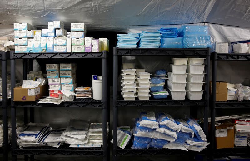 Shelves of supplies inside the operating room unit at a military field hospital for non-coronavirus patients inside CenturyLink Field Event Center during the coronavirus disease (COVID-19) outbreak in Seattle