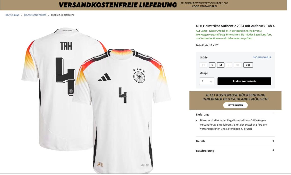 A store page for a jersey designed by the German Football Association, bearing the number "4" that some say looks like the lightning bolts of the SS logo.