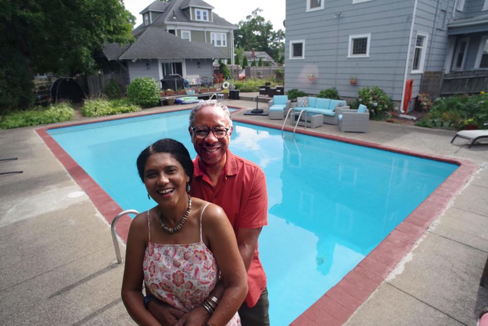 Solmaz Celik McDowell and Ceasar McDowell, of Brockton, on Aug. 14, 2022. The couple rent  their salt water pool.