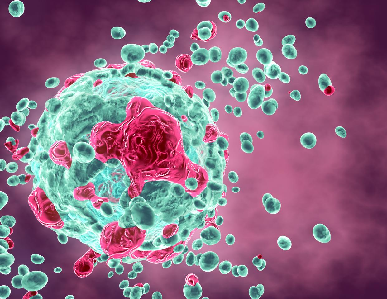 Cancer cells attacking healthy human cell 3d render.